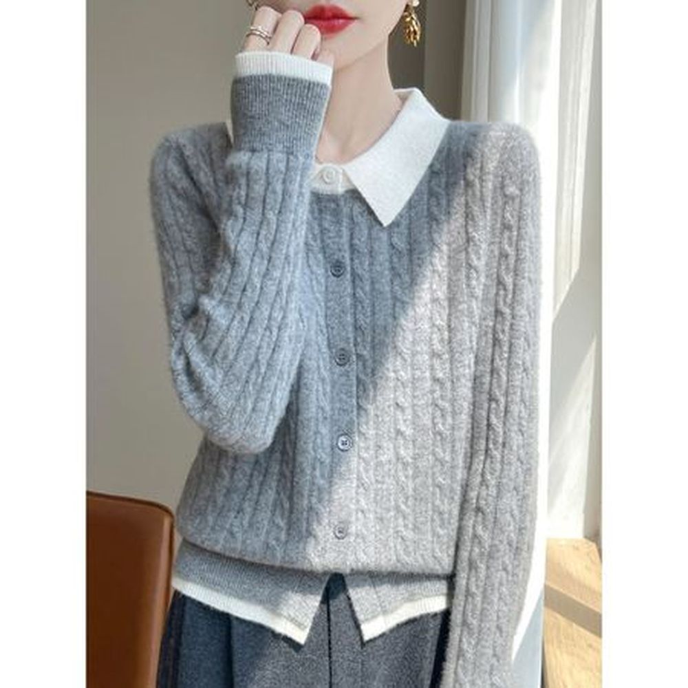Women's Wool Knitted Cardigan Sweater Polo Collar Coat