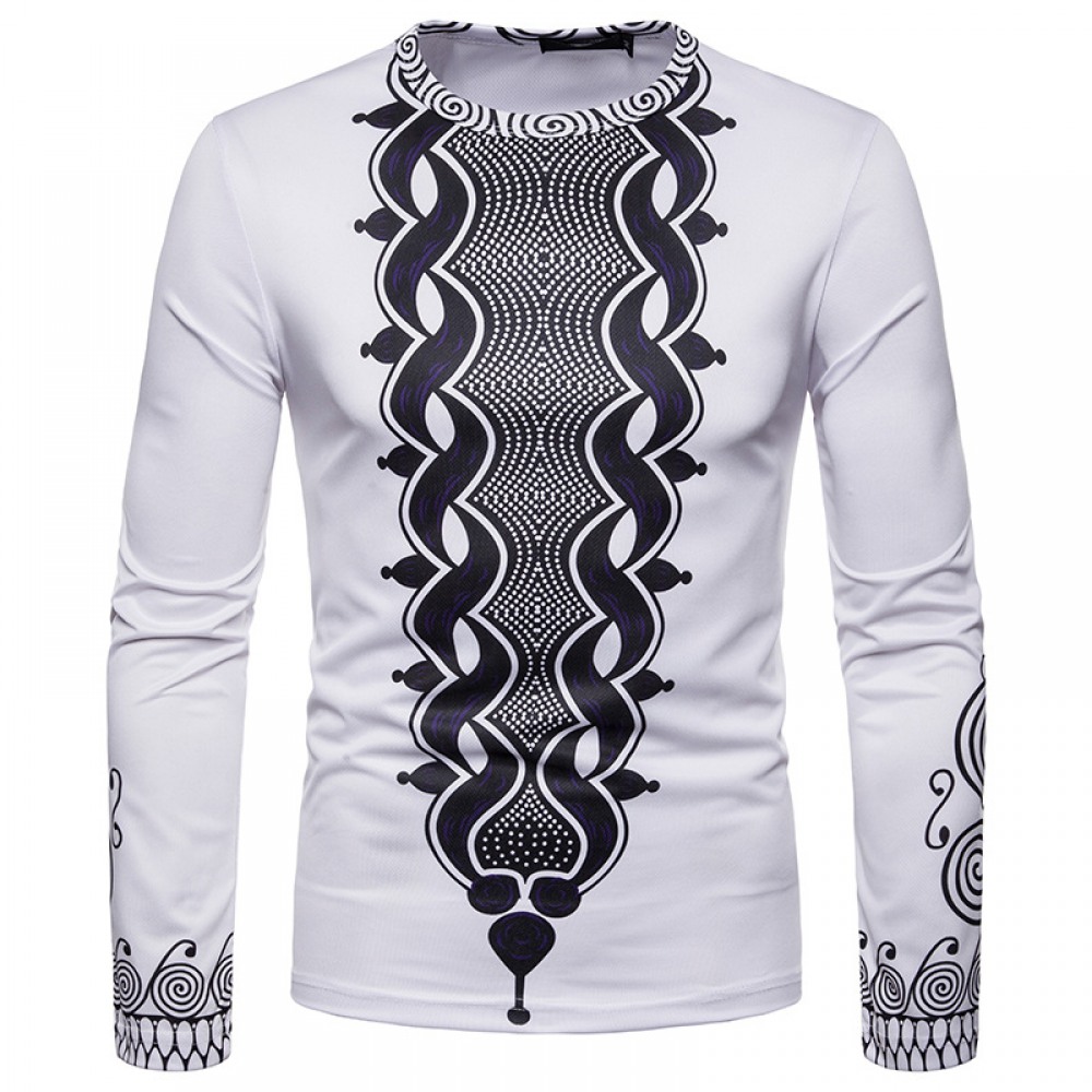 Fashion Men's Black and White Wave Dot 3D Printing Round Neck Long Sleeve T-Shirt