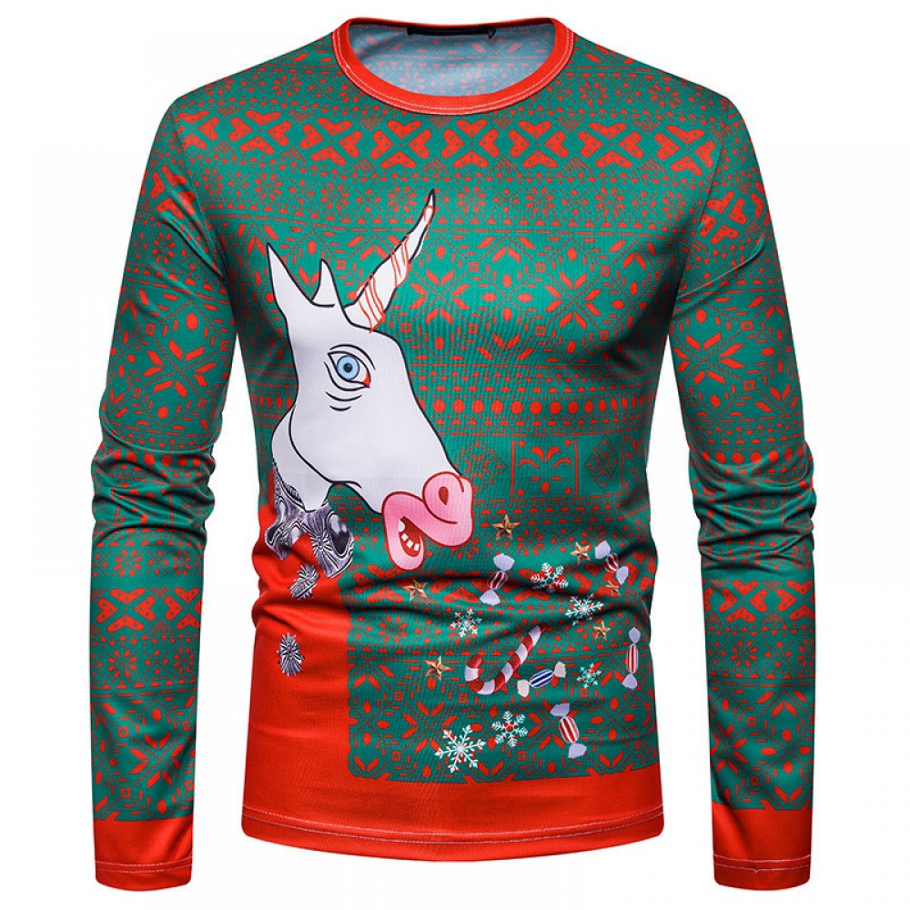 New 3D Personality Printing Fashion Men's Christmas Elk Pattern Long-Sleeved T-Shirt